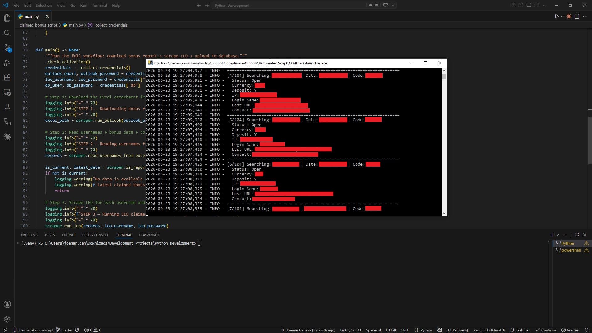 Screenshot of the claimed bonus automation project