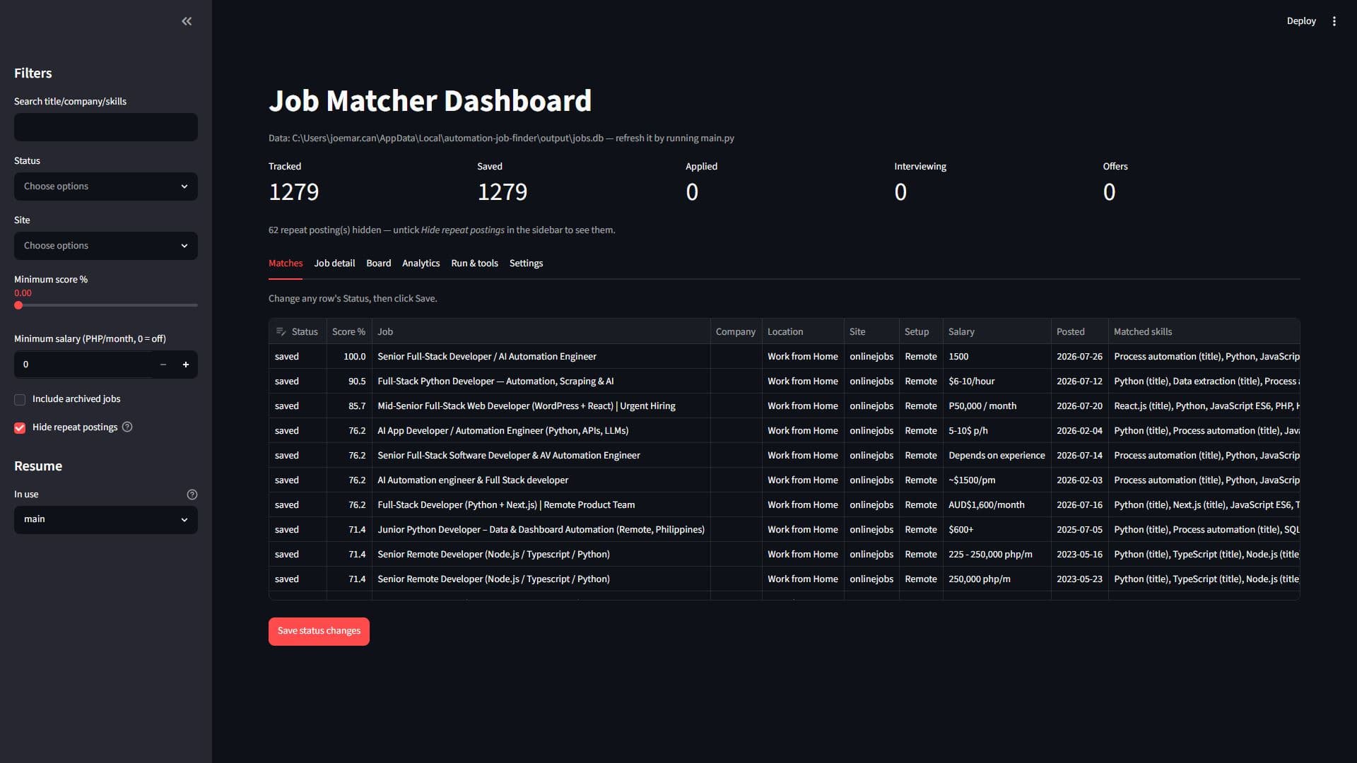 Screenshot of the resume-to-job matcher project