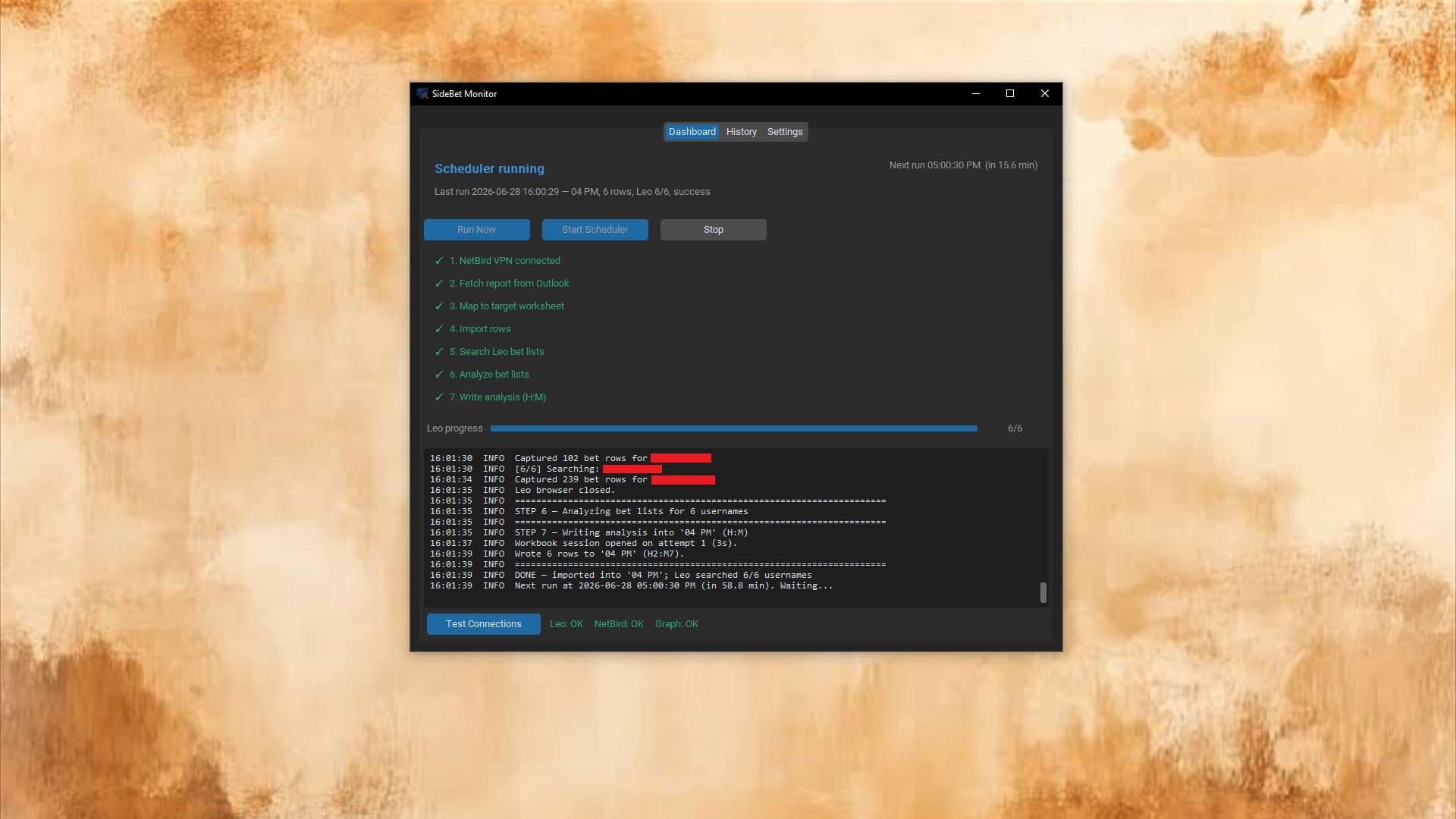 Screenshot of the sidebet monitoring automation project